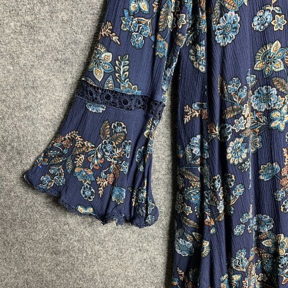 Altar’d State A Line Dress M Boho Blue Floral Bell Sleeves Crochet Cut Out Neck - Picture 13 of 16